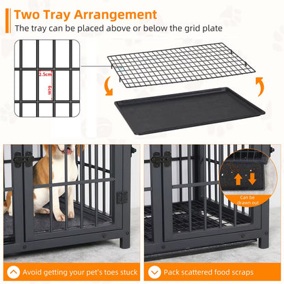 Large Wooden Dog Crate Indoor Furniture Style Elevated Pet Dog Cage Kennel End Table Lattice Playpen with 3 Doors Removable Tray